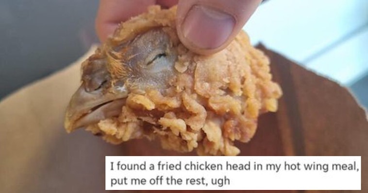 kfc chicken head, woman finds chicken head in kfc meal